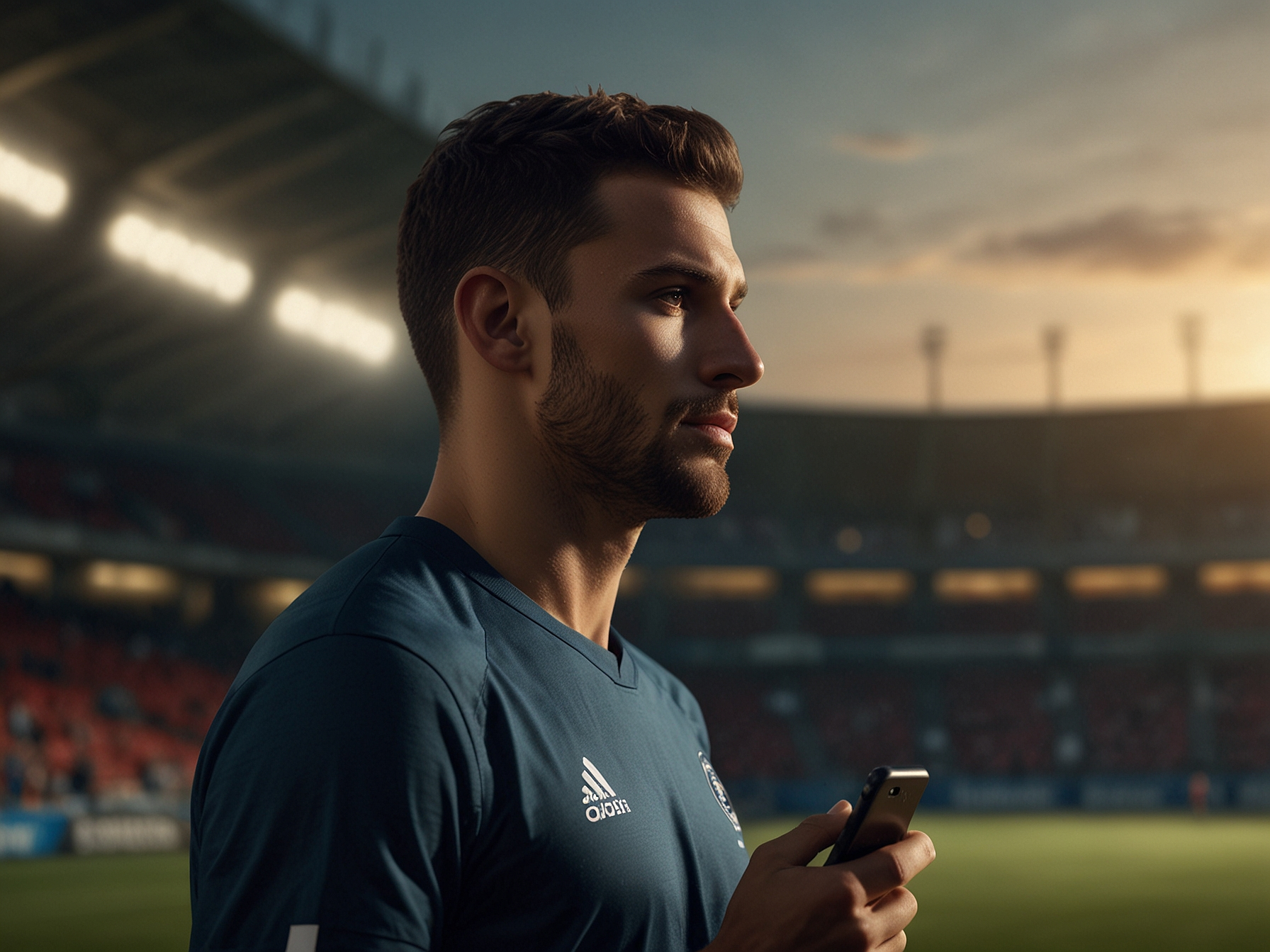 Athlete with a mobile device near tropical stadium